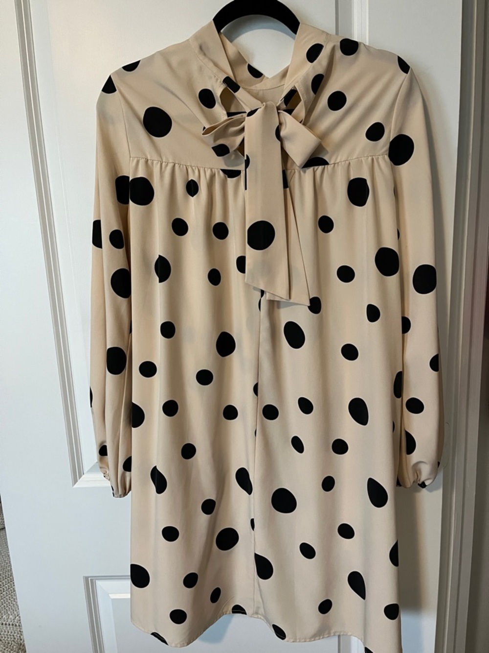 SHEIN Beige Long-Sleeve Polka Dot Tie-Neck Dress